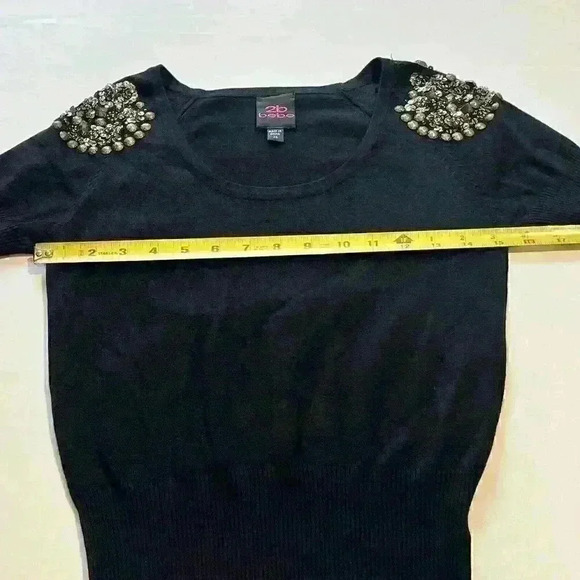 bebe Womens Black Sequins Round Neck Short Sleeve Sweater Top Academia Size XS - Picture 4 of 9